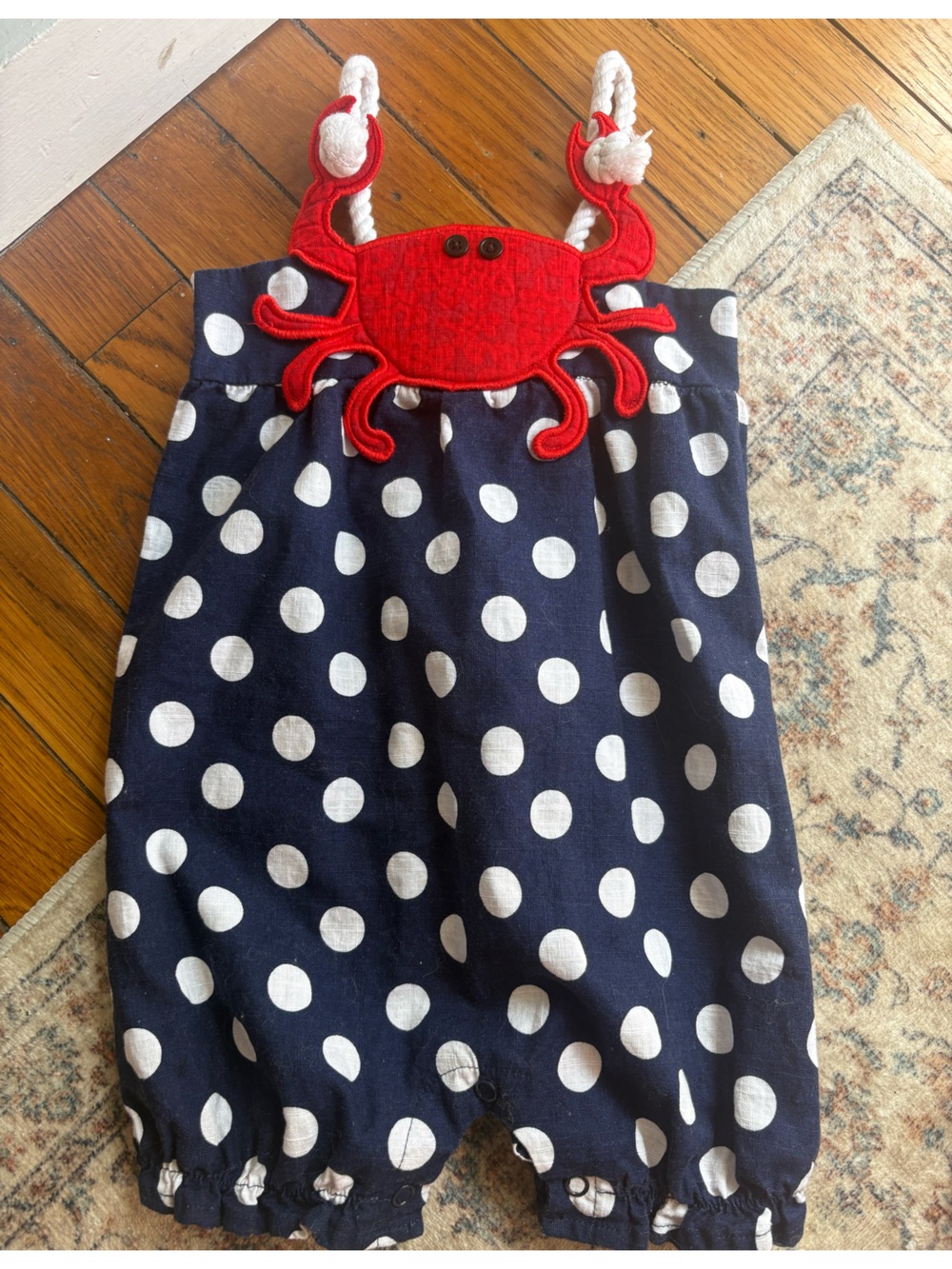 Mud Pie 9/12M Navy and White Polka Dot Baby Romper with Red Crab, Rope Straps
